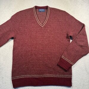 Vintage‎ 90s Robert Bruce Mens V-Neck Wool Sweater L Burgundy Tan Made in USA